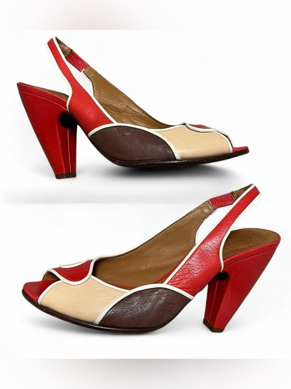 Designer Chie Mihara Retro Leather Red Cream Brown Slingback Peep-Toe Heels
